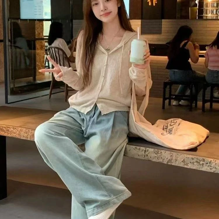 2699连帽抽绳针织假两件吊带开衫女秋款外穿套头长袖上衣