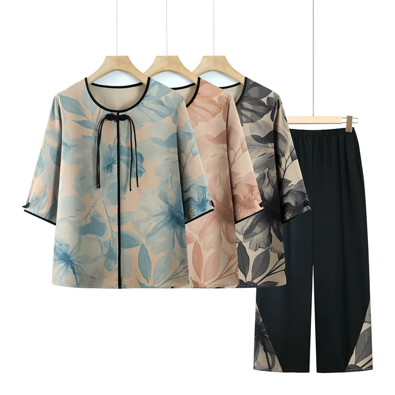老年人女装妈妈夏装短袖衬衫60岁70奶奶夏季两件套装80老太太衣服