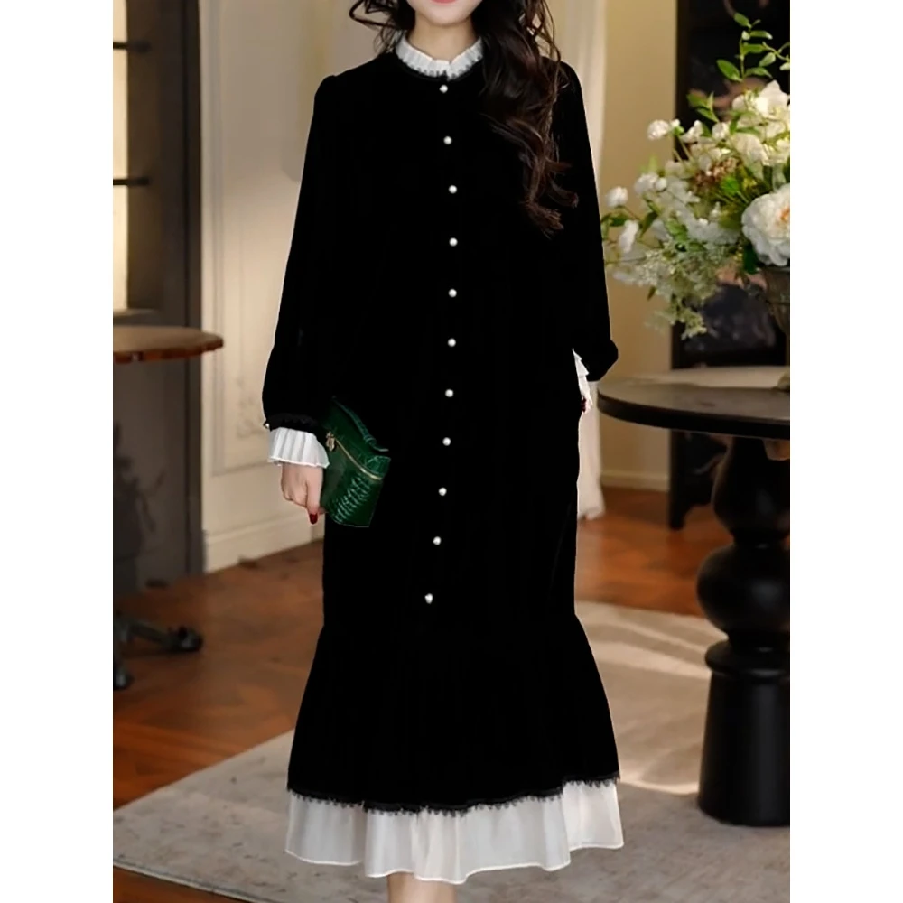 优雅名媛风撞色拼接长袖连衣裙女2026春季新款甜美减龄显瘦A字裙