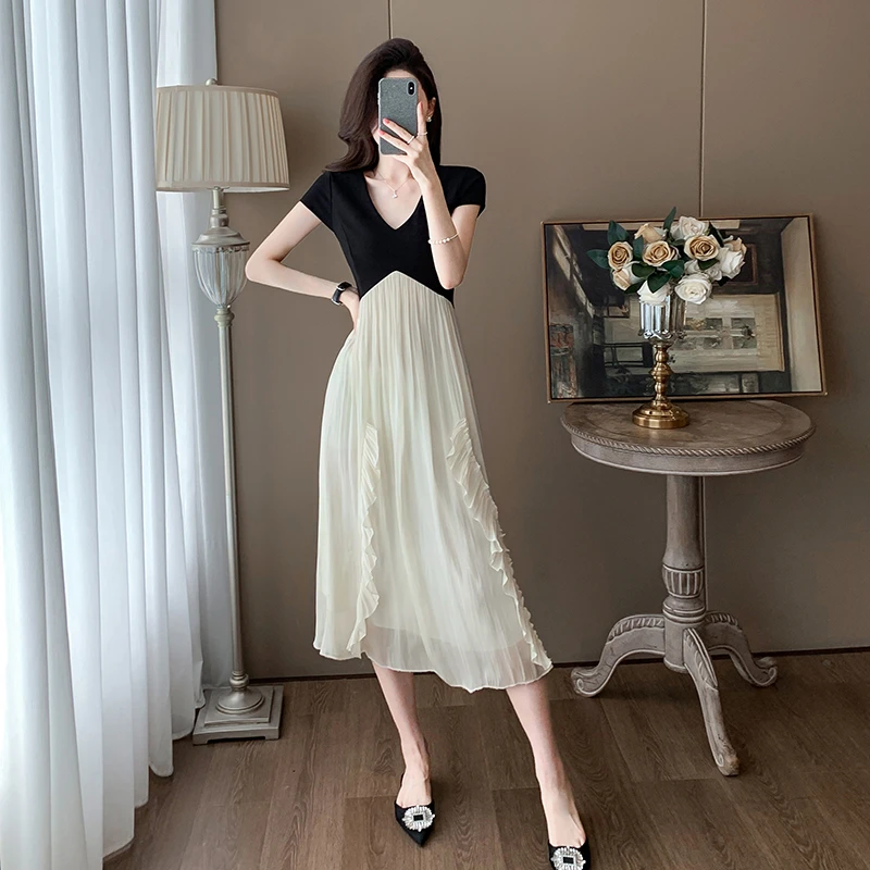 法式拼接连衣裙女士2025夏季新款设计感小众洋气假两件气质长裙子
