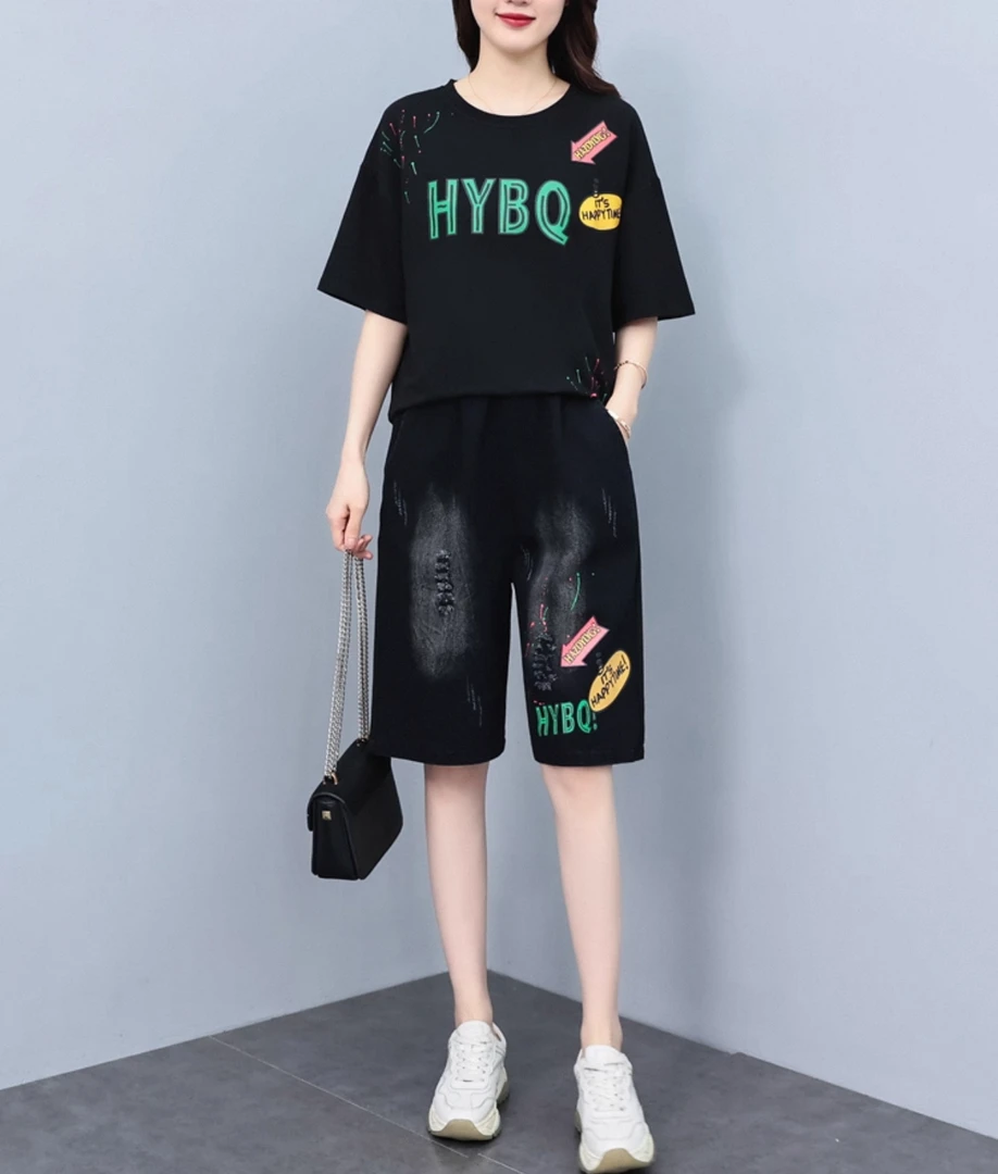 T欧货2025年夏季新款大码减龄洋气遮肉显瘦宽松中裤时尚休闲套装