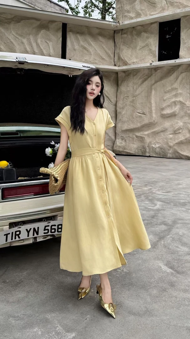 清新优雅法式风V领收腰中长款气质连衣裙313