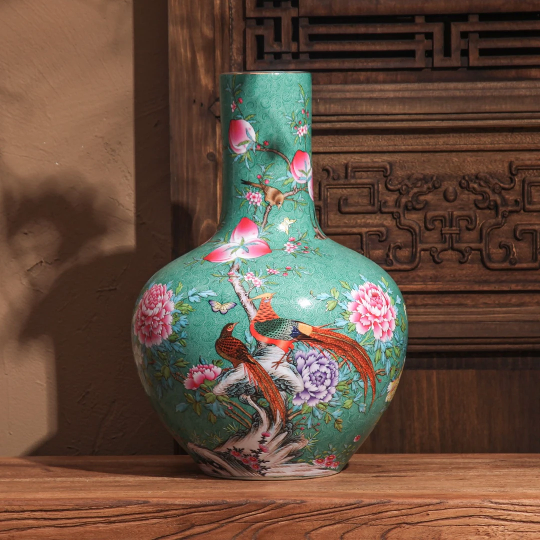 景德镇陶瓷花瓶饰品客厅插花干花复古中式黄色酒柜博古架摆件扒花