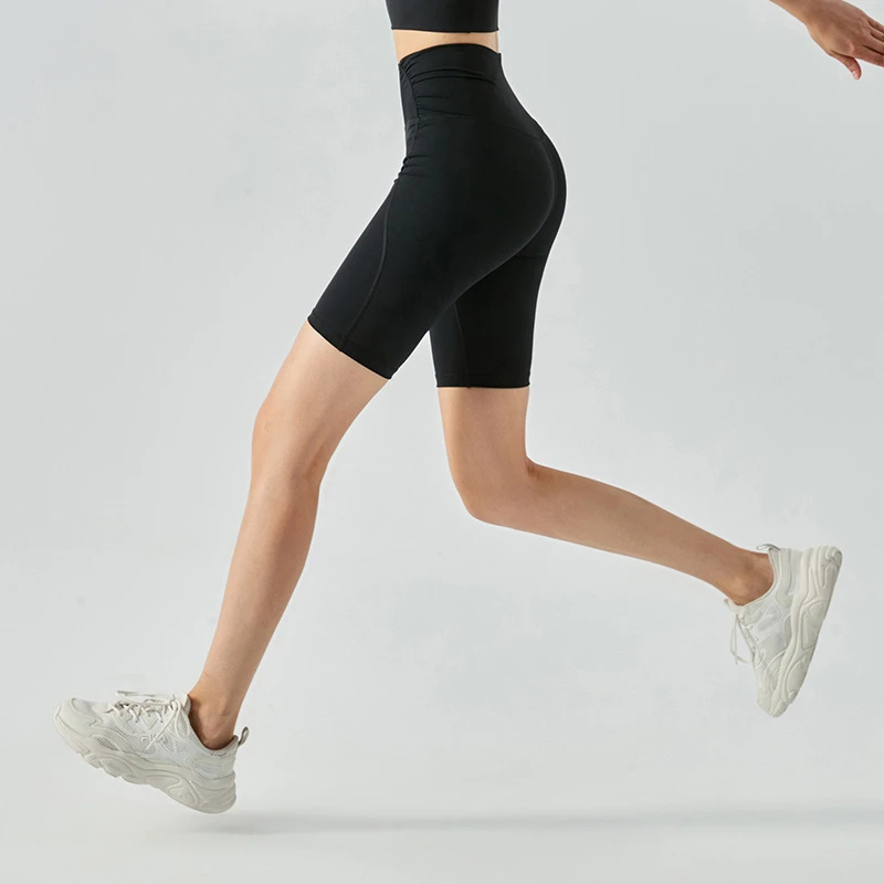 DSS307 单侧打皱五分骑行裤高弹健身跑步运动紧身瑜伽裤