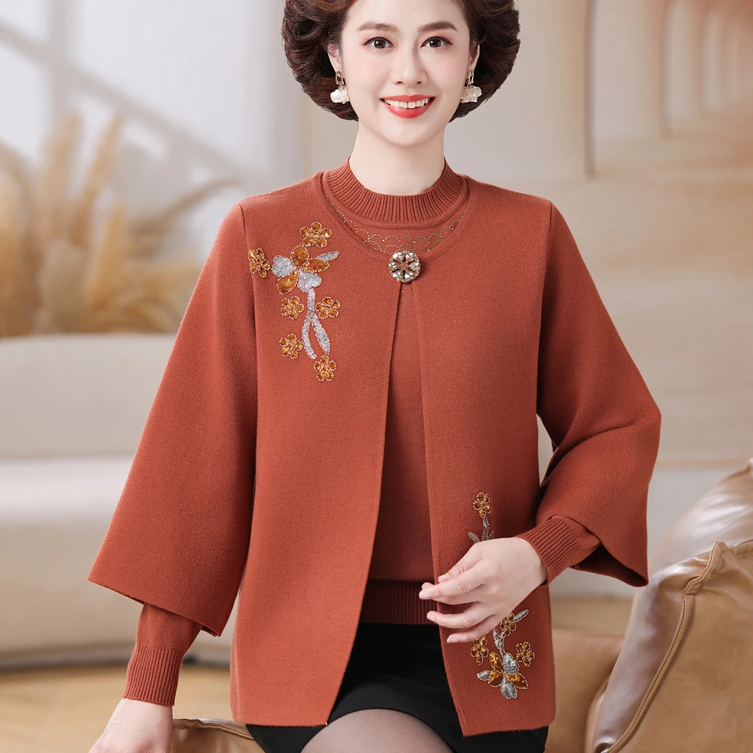 时尚中老年针织衫套装女开衫冬装新款奶奶上衣服大码妈妈装两件套
