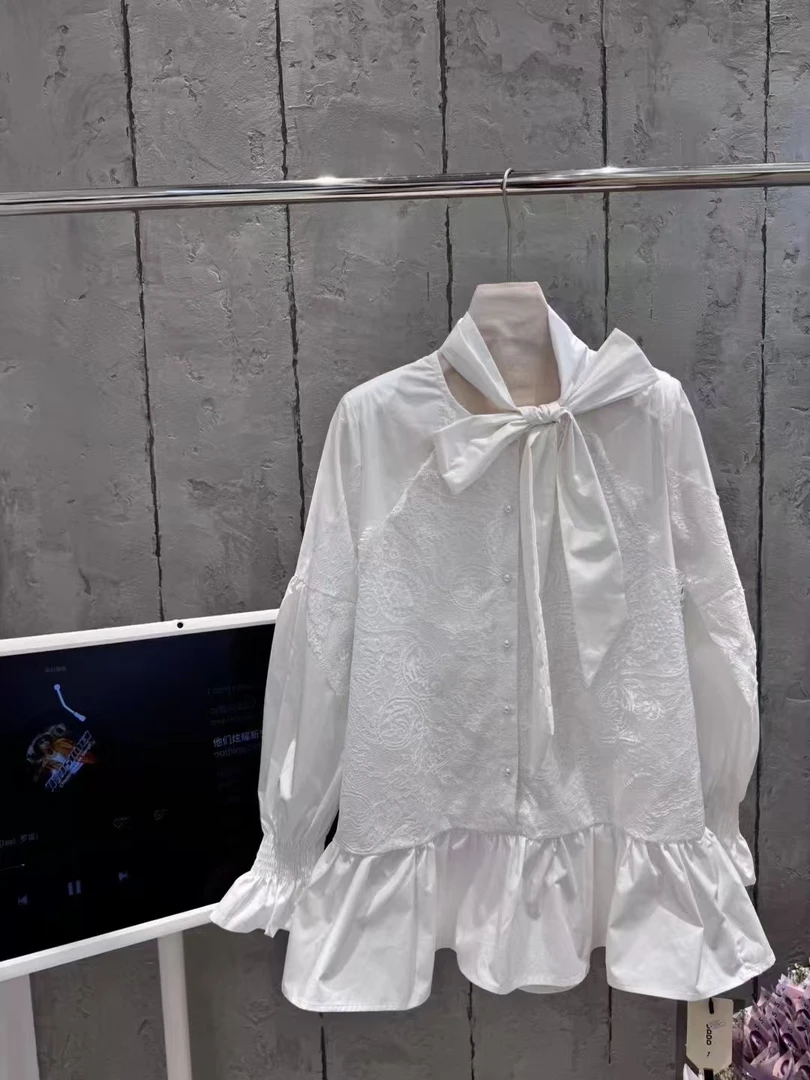 大码欧货蕾丝重工蝴蝶结衬衫裙