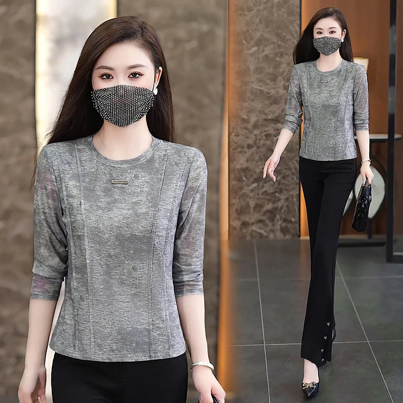 2025早秋新款时尚修身显瘦长袖T恤女灰色圆领简约打底衫薄款上衣