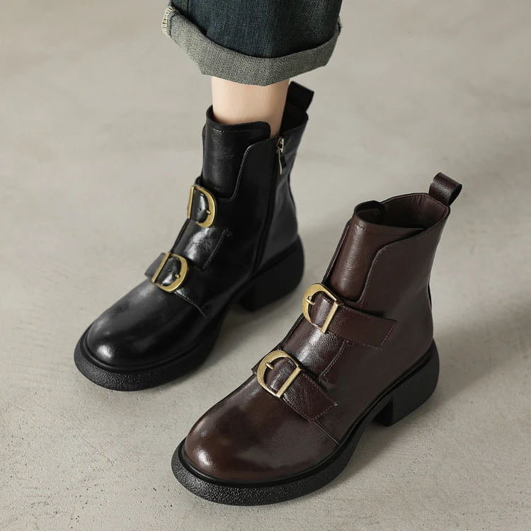 双扣马丁靴2025冬季新款中跟圆头复古切尔西靴厚底简约女短靴