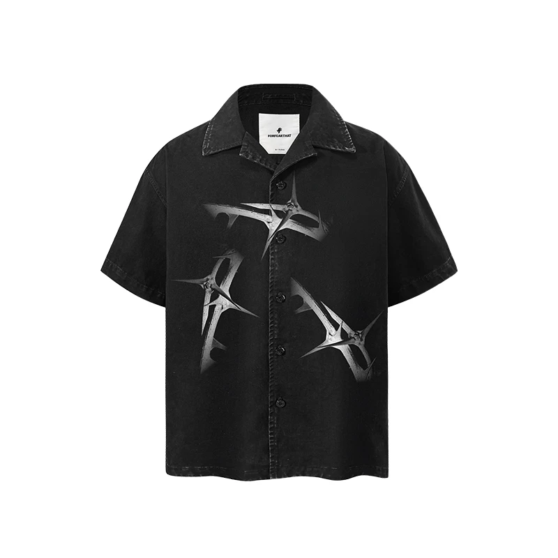Forfearthat 复古做旧短袖衬衫男美式高街半袖重磅宽松高级感上衣