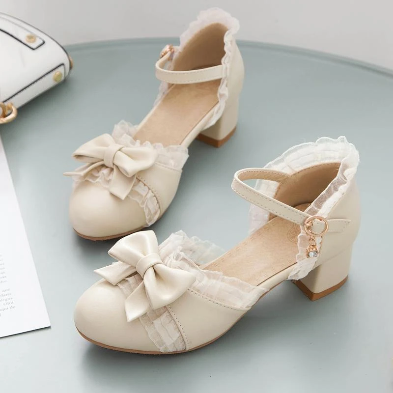 FAVMARTHA圆头粗跟大童高跟鞋白色凉鞋公主鞋女童蝴蝶结儿童鞋鞋