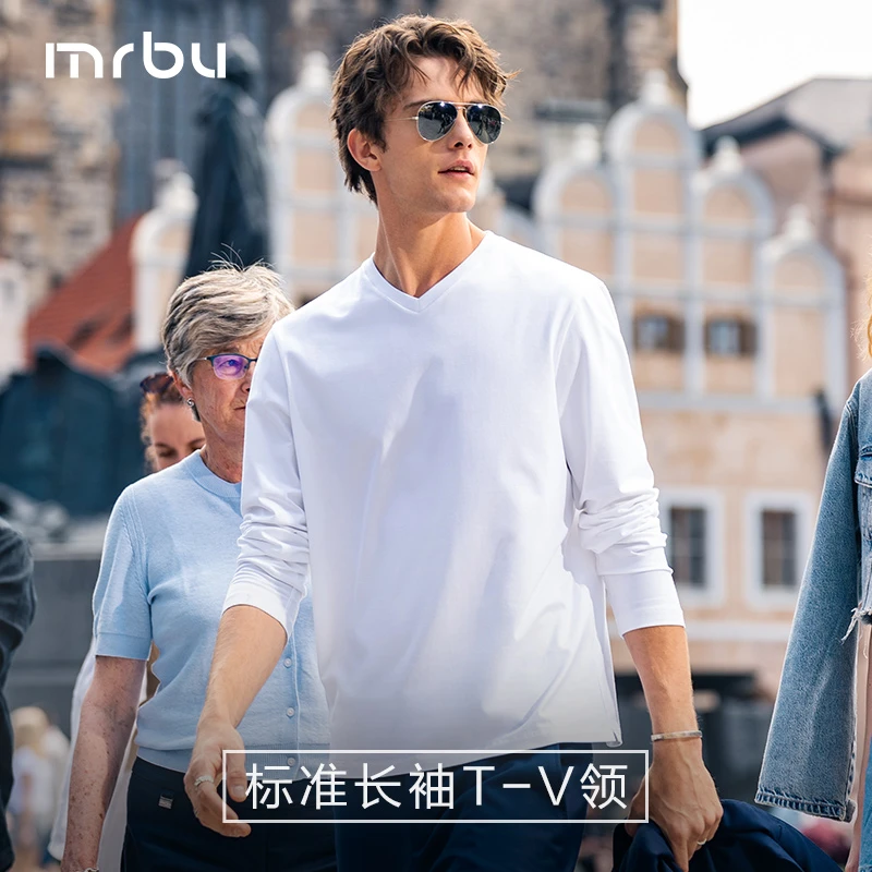 Mr.Bu布先生基础款v领白色长袖t恤男秋冬内搭长绒棉打底衫KT15650