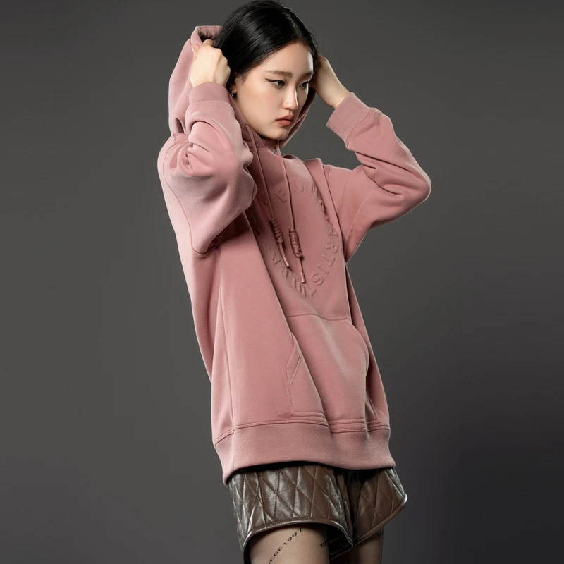 U/TI 皮粉色简约浮雕字母显白设计感颜值宽松百搭加绒连帽卫衣