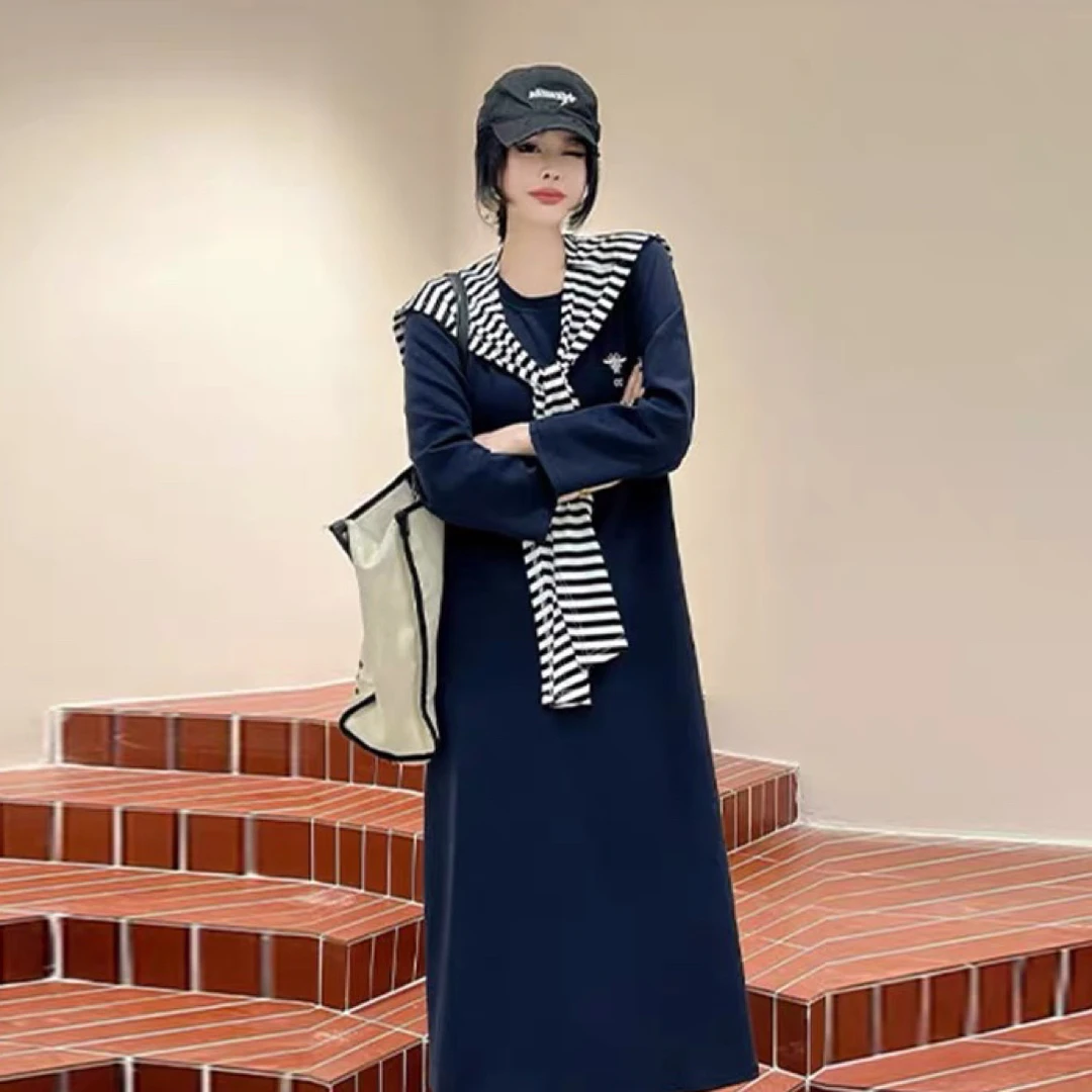9105胖妹妹加肥条纹披肩长袖圆领秋季款大码女装韩版减龄休闲裙