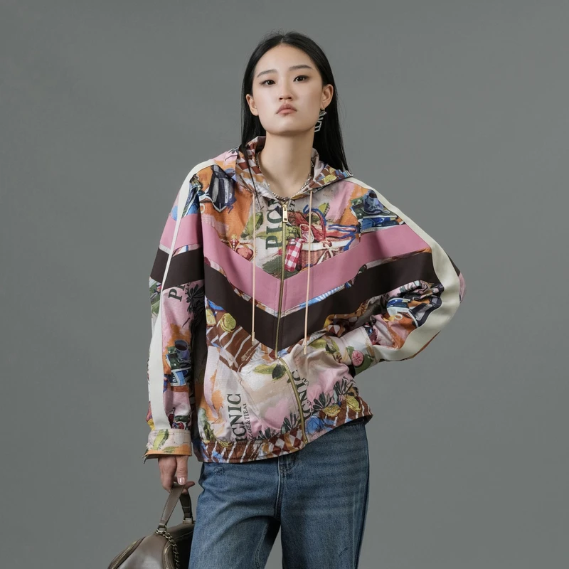 【蓓蓓专属】U/TI粉棕拼色印花连帽卫衣个性宽松潮流休闲上衣