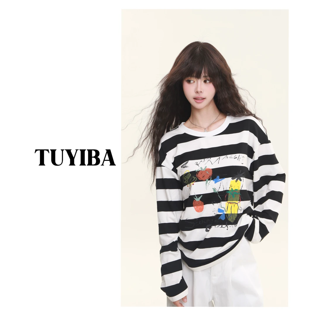 【兔兔】百搭宽松圆领卡通印花条纹休闲长袖打底T恤2658