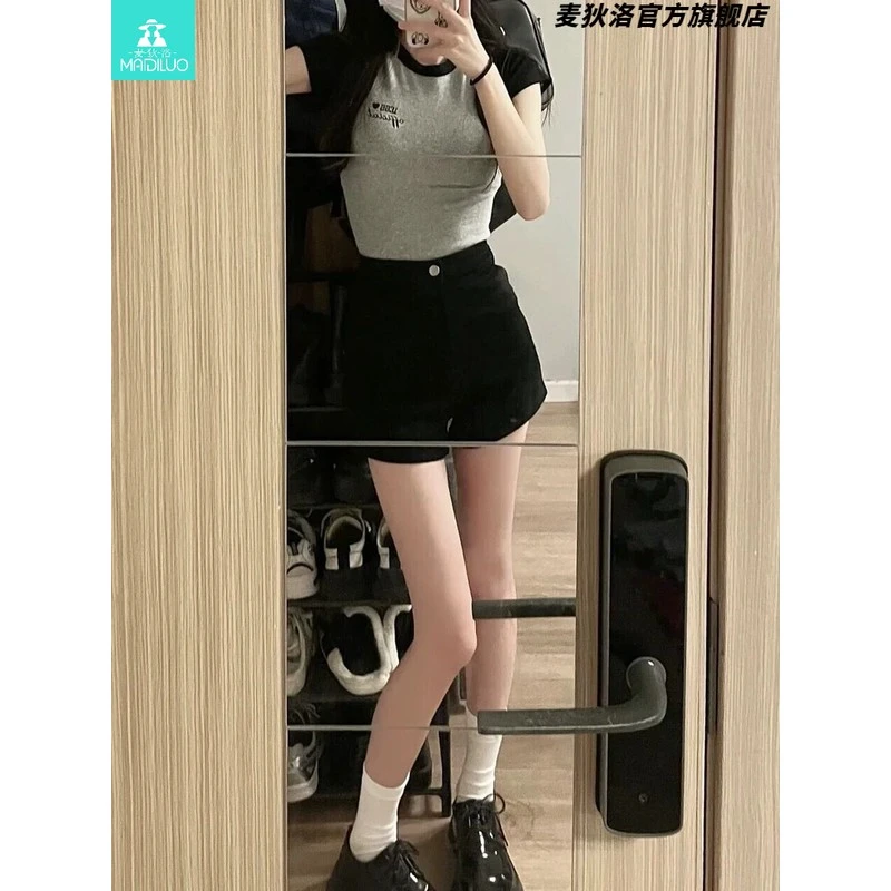 黑色牛仔短裤女2025新款夏季薄款高腰辣妹显瘦紧身弹力a字热裤子