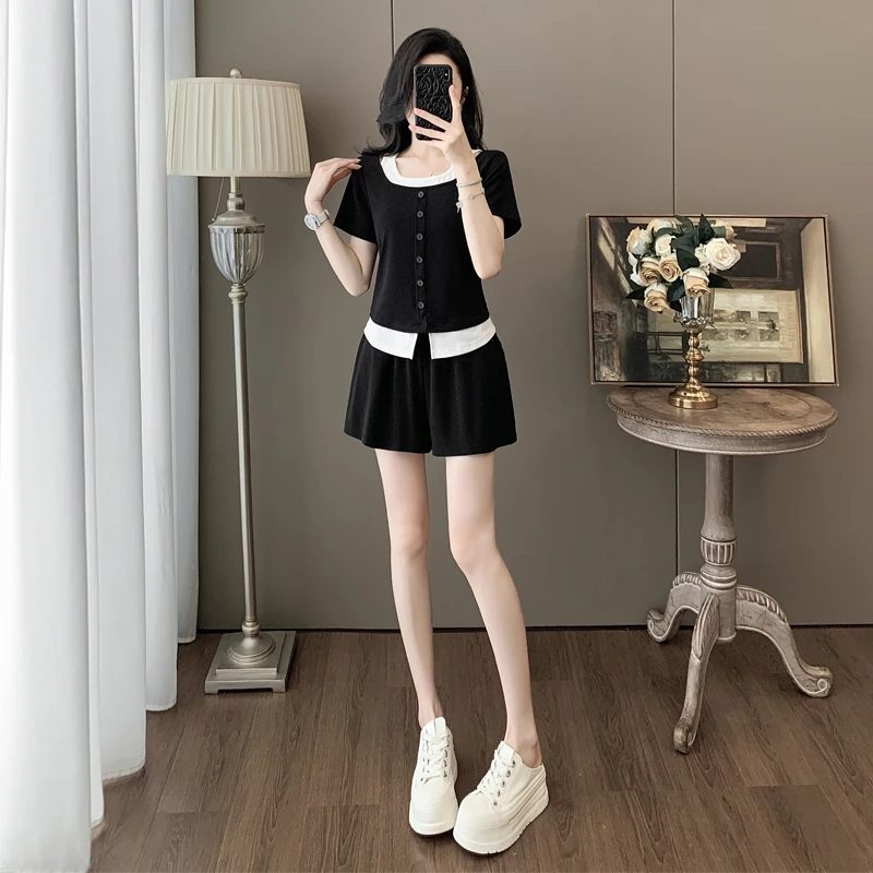 欧洲站假两件休闲运动套装女2025新款夏季时尚黑色短袖短裤两件套