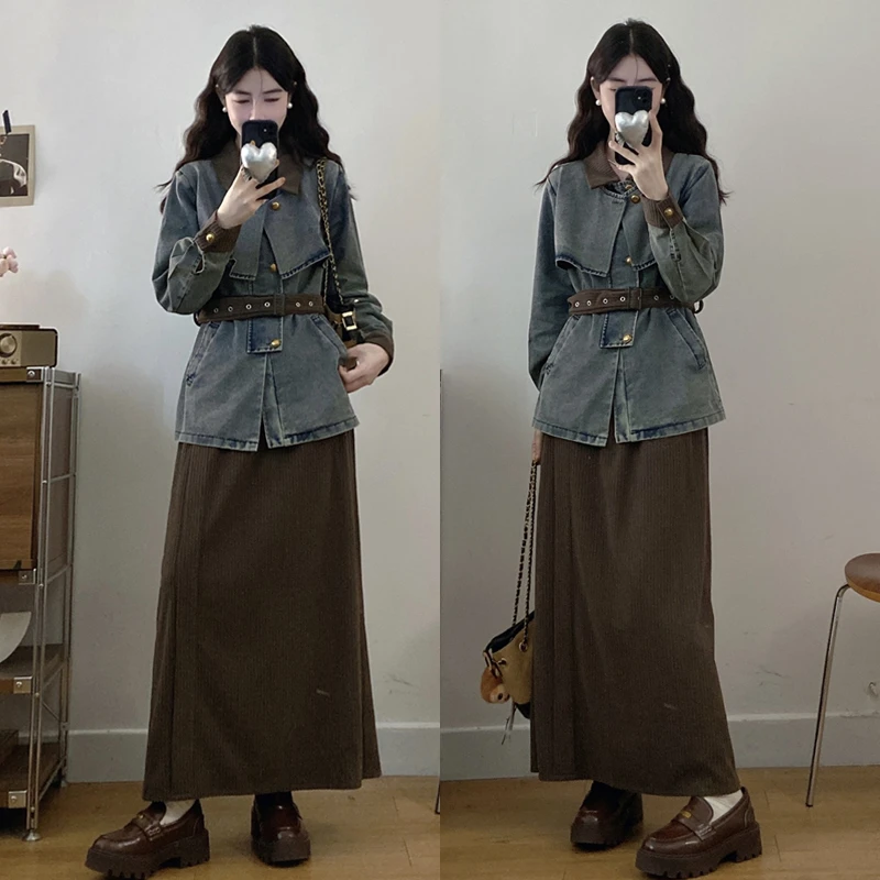 大码胖mm秋冬复古拼接牛仔长袖外套收腰显瘦新款直筒半身裙套装