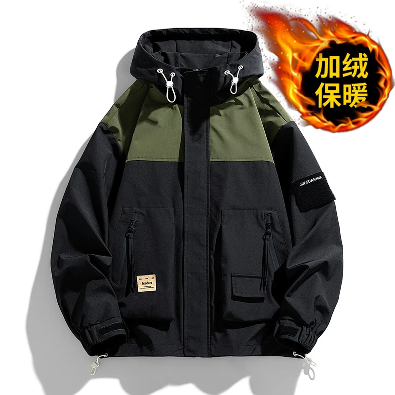 青年帅气百搭宽松休闲拼色多口袋夹克情侣连帽外套春秋季新款潮牌