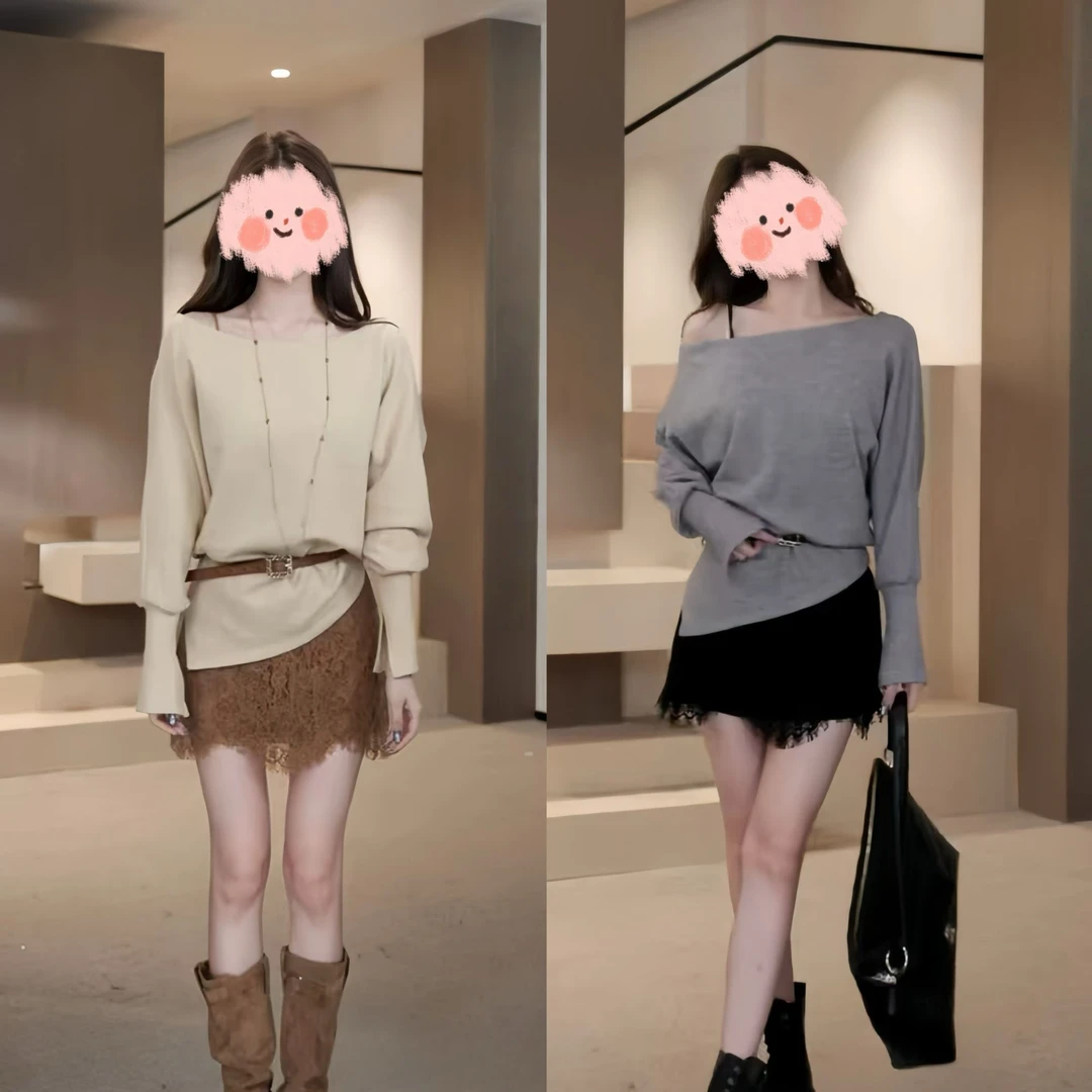 2025秋季纯欲风时尚套装女斜领露肩针织衫气质蕾丝吊带裙两件套