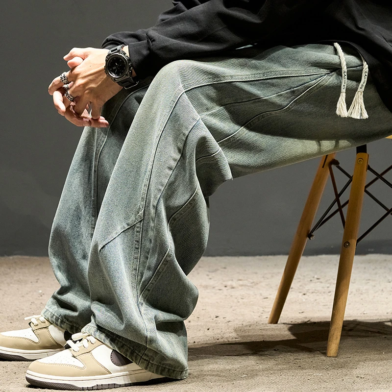 男士牛仔裤男款爆款2025新款直筒宽松拼接微喇裤子美式潮牌工装裤