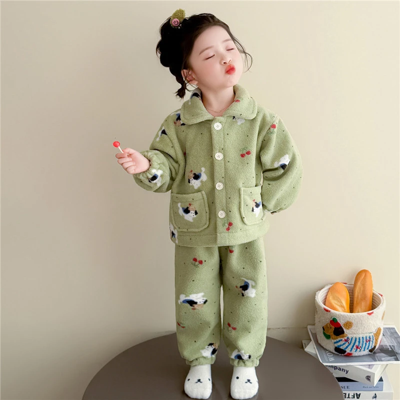 女童法兰绒睡衣秋冬2025新款儿童珊瑚绒家居服女宝宝开衫加绒套装