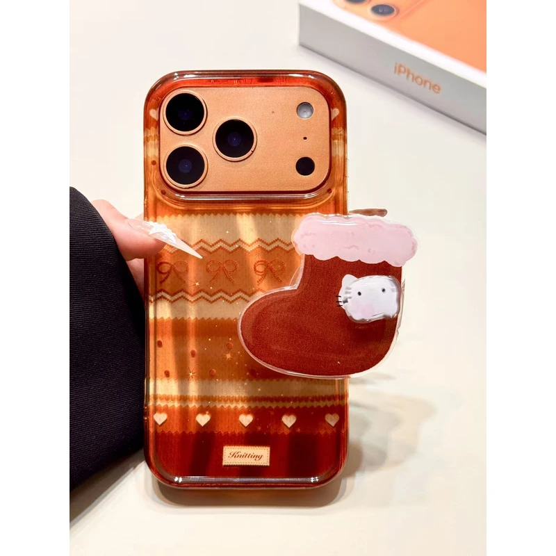 秋冬季费尔岛棕色袜子猫咪支架适用苹果17promax手机壳15iphone16