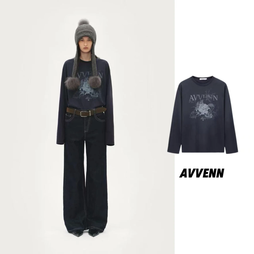 【AVVENN】25秋冬小众设计师时尚印花休闲套头圆领长袖T恤百搭宽松