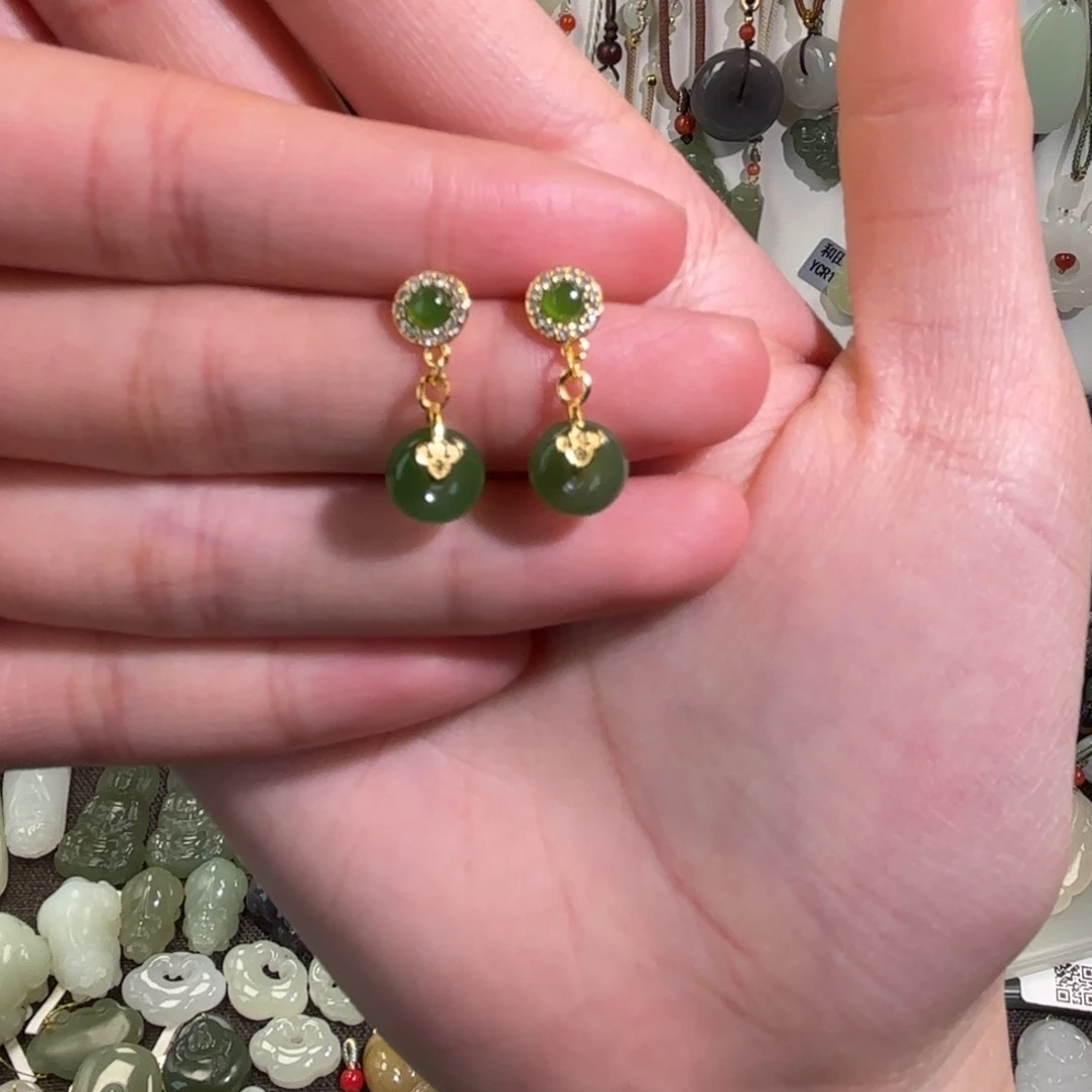 和田玉（碧玉）耳饰银S925镶嵌