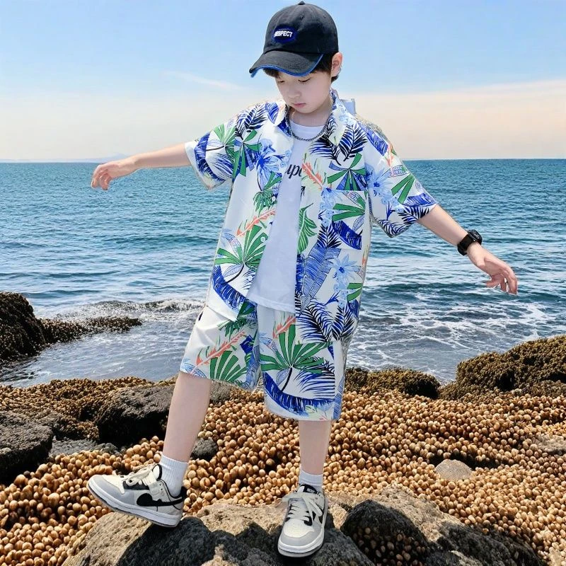 儿童装男童夏装套装2025新款男孩夏季短袖沙滩薄款中大童两件套