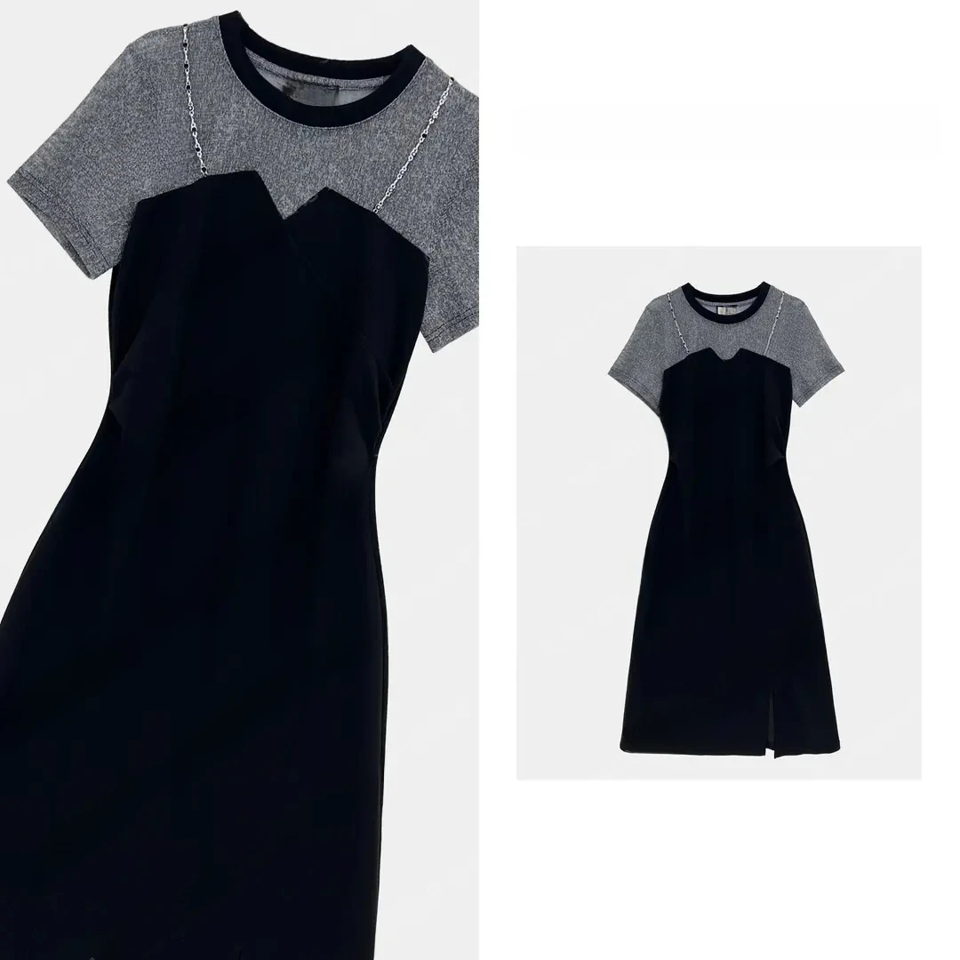 新款重工烫砖设计原创女装拼接褶皱收腰显瘦减龄夏日长款连衣裙