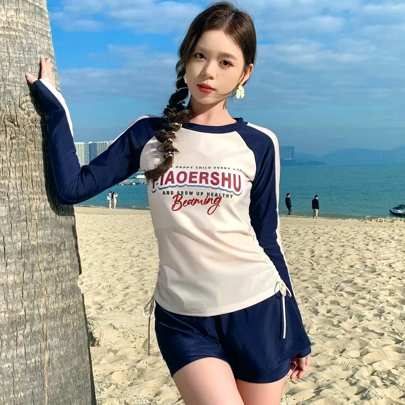 女士分体泳衣长袖防晒保守显瘦遮肚运动风泡温泉泳装两件套装夏