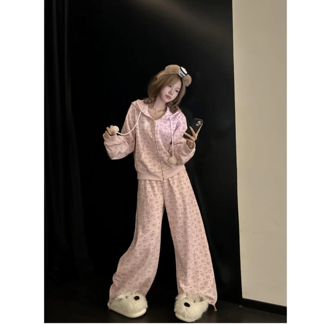 时尚休闲宽松百搭套装女秋冬新款韩版连帽开衫卫衣阔腿裤两件套装