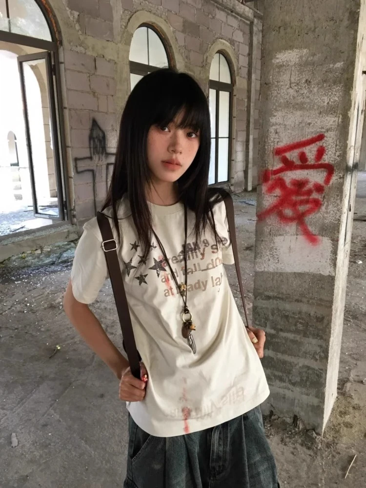 美式复古高街正肩短袖t恤女夏季设计感小众星星印花辣妹显瘦上衣