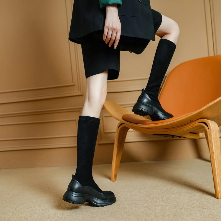 长筒靴女2025年新款秋冬弹力瘦瘦靴绒面长靴厚底高筒骑士靴