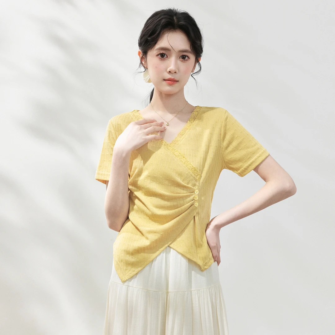 黄色不规则短袖T恤女夏2025夏季新款V领特别漂亮掐腰体恤短款上衣