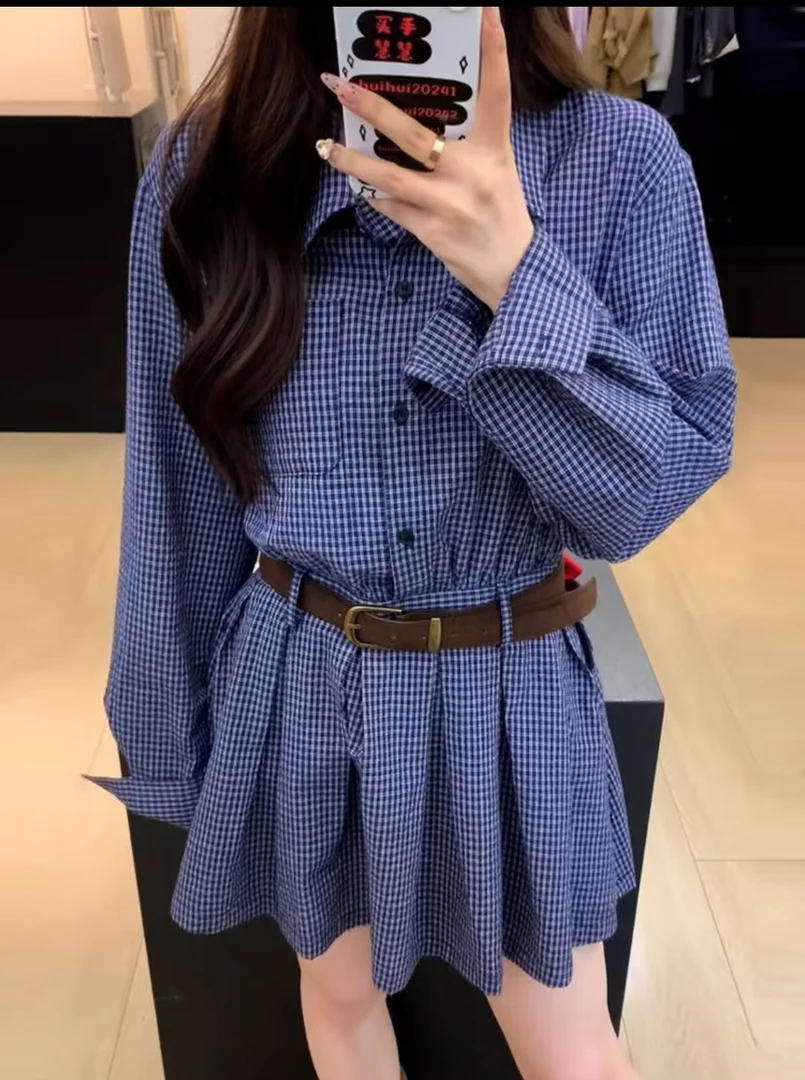 2025早秋时尚蓝色格子高级感百搭收腰（含腰带）休闲衬衫