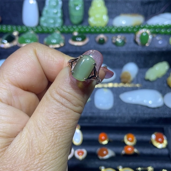 和田玉（碧玉）银S925镀金镶嵌戒指