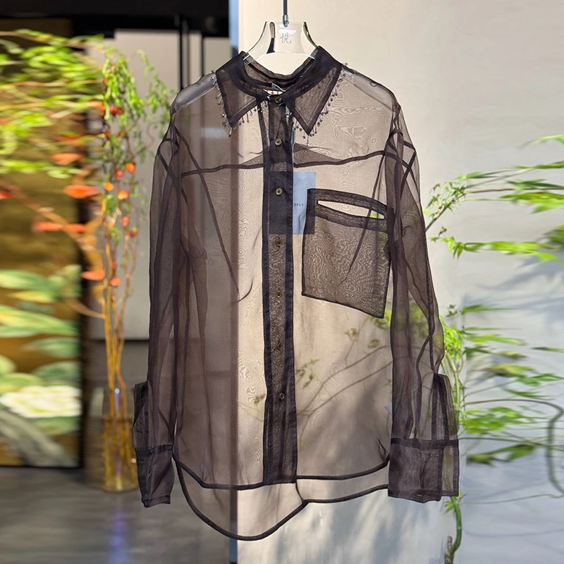 PANTTERFLY设计师品牌25春夏新品咖色钉珠领百搭衬衫