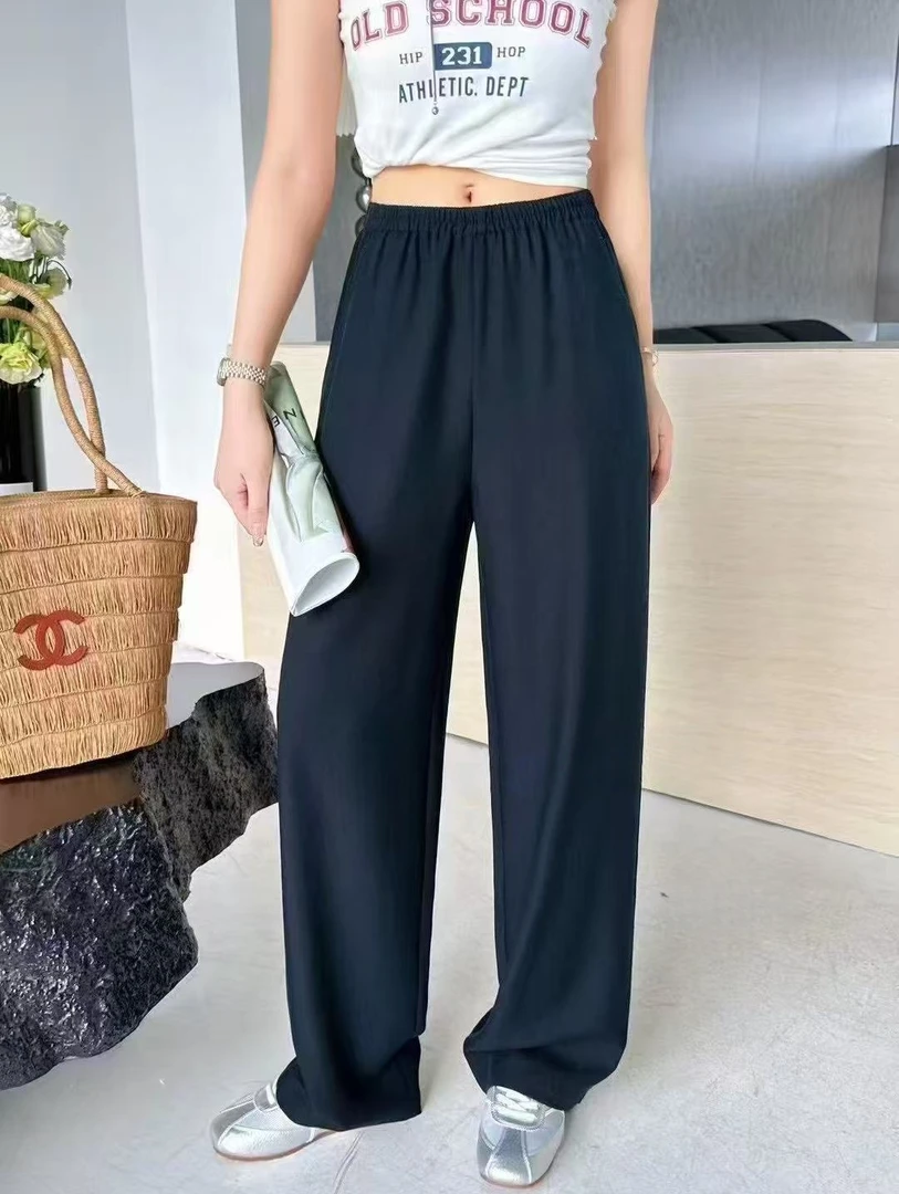 Manmi 纯色百搭松紧腰丝感阔腿裤  5035（K3）