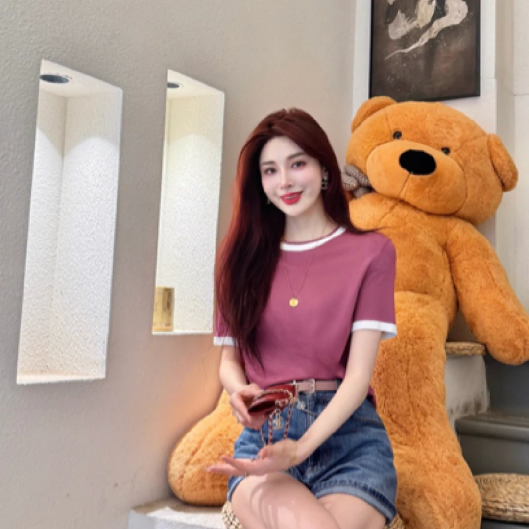 GIRDEAR/哥弟「苏醒玫瑰」时尚经典透气圆领拼色针织短袖1399733