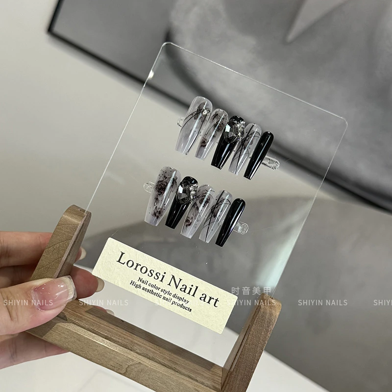 CPY-01水墨玫瑰成品穿戴甲新中式美甲加长梯显白长款晕染指甲贴片