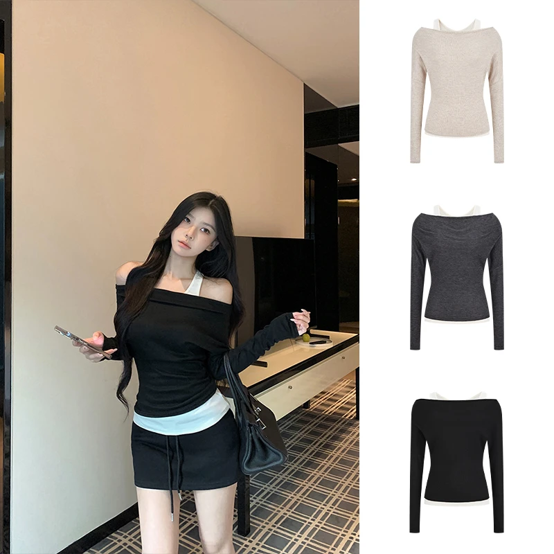 Moses Queen/魔西女王拼接假两件露肩长袖T恤女秋季修身撞色上衣