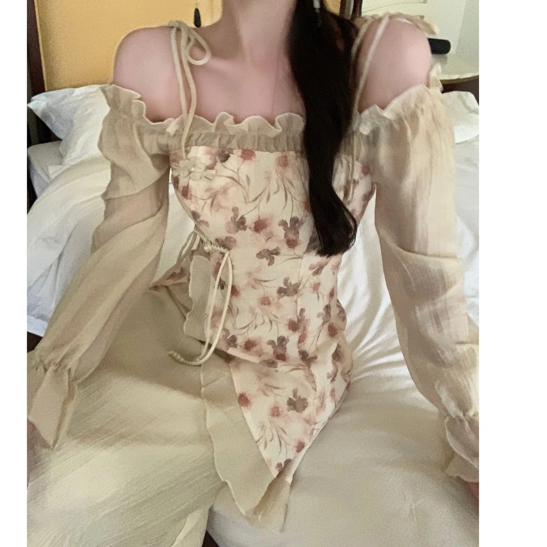 3766#大码复古气质碎花连衣裙春新款新中式木耳边绑带改良旗袍裙