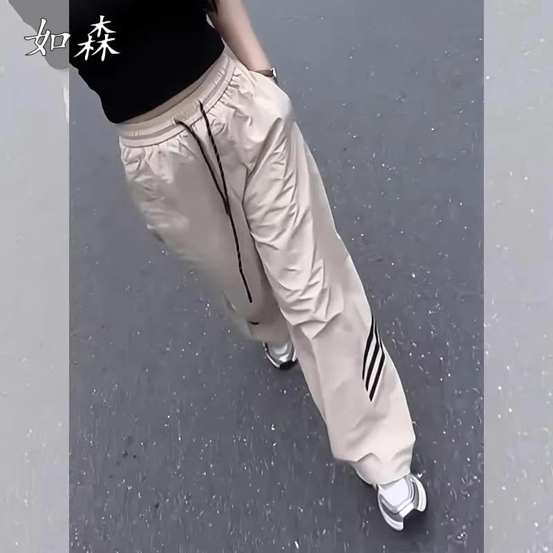 美式宽松显瘦高腰抽绳阔腿裤2025夏季新款女士轻薄透气工装长裤