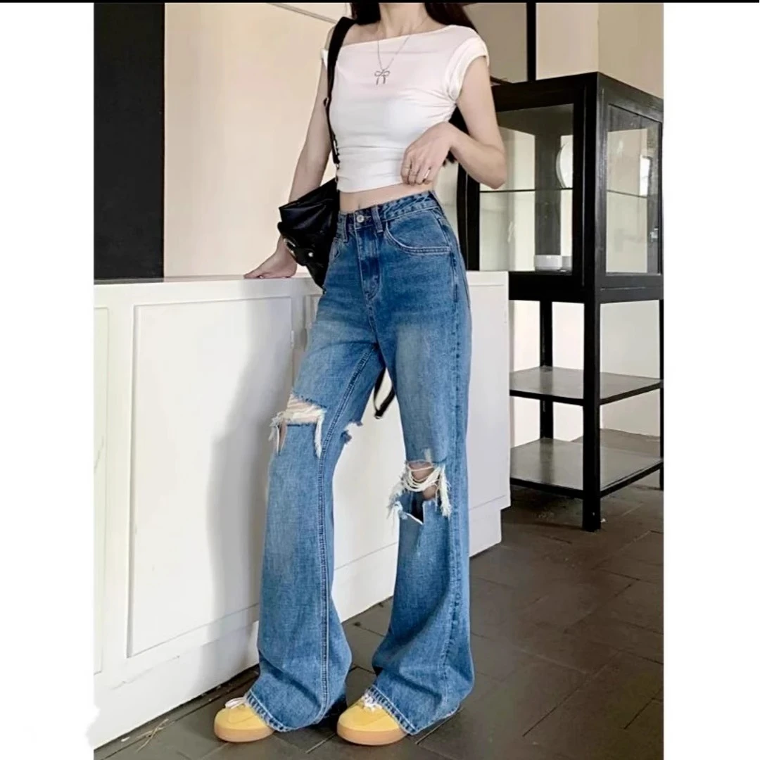 美式复古夏季薄款辣妹做旧破洞牛仔裤直筒女高腰显瘦微喇阔腿裤