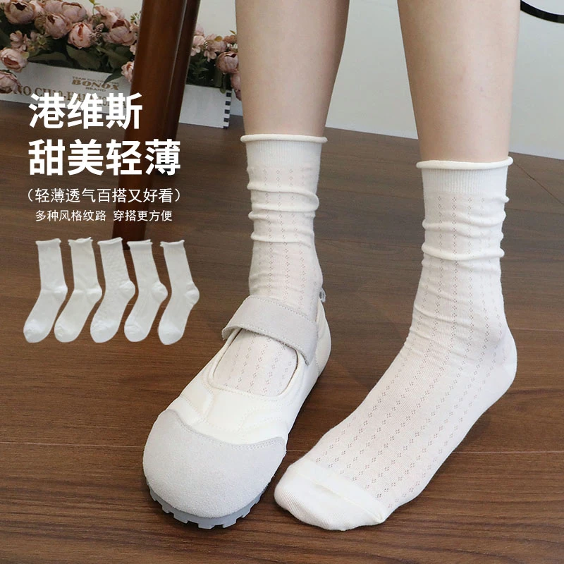 珍珠少女夏季薄款miu系中筒袜 玛丽珍小皮鞋轻薄百搭透气