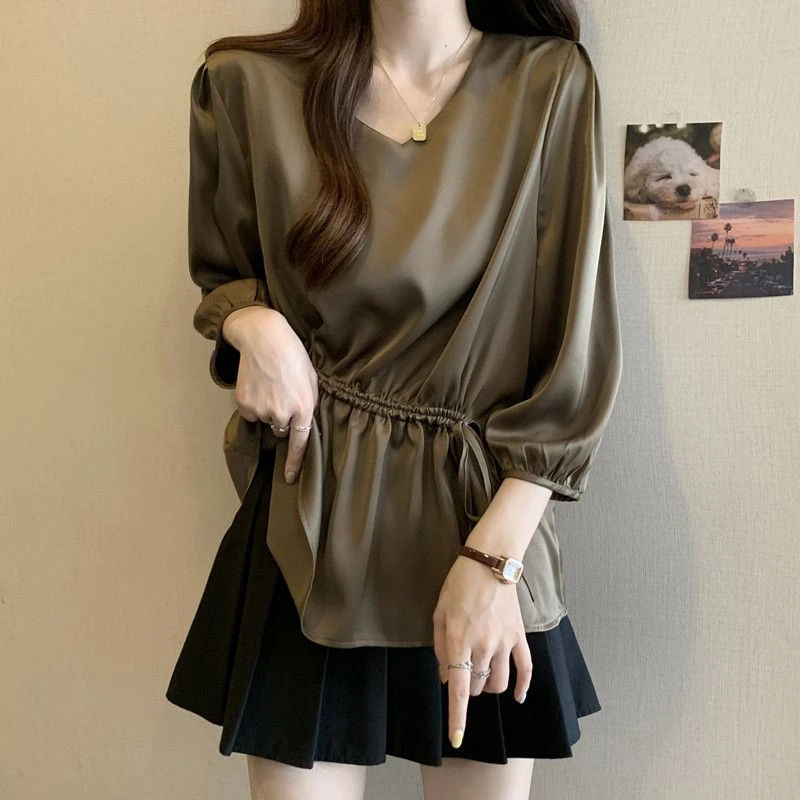 七分袖V领打底衬衫女夏装大码胖mm显瘦高级设计感收
