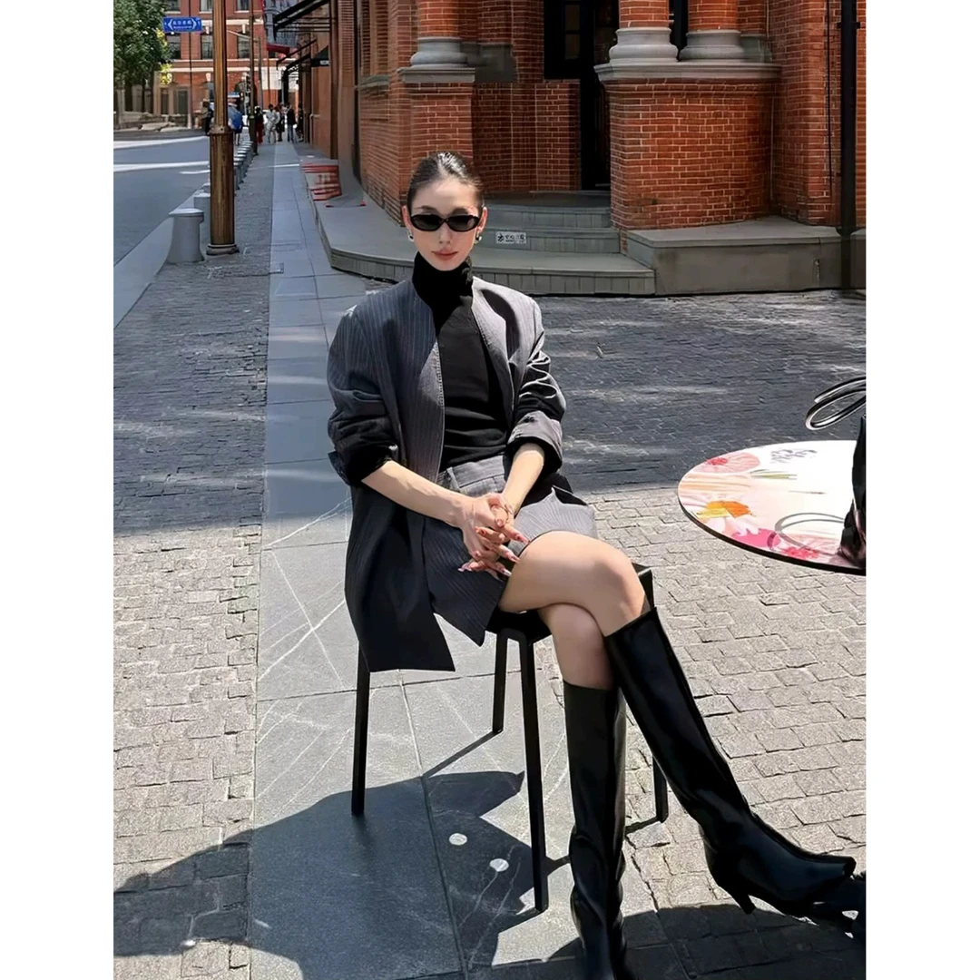 韩风chic气质条纹西装外套半裙女装2025秋冬新款休闲通勤时尚套装