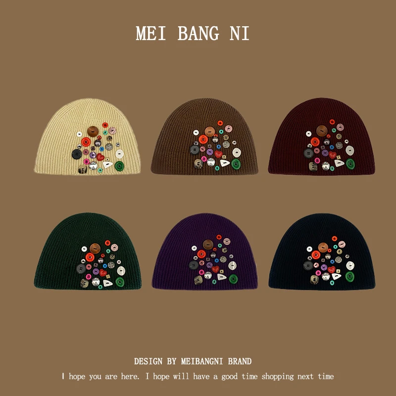 彩色纽扣帽子女冬黑色毛线帽秋冬保暖护耳冷帽显脸小包头针织帽潮